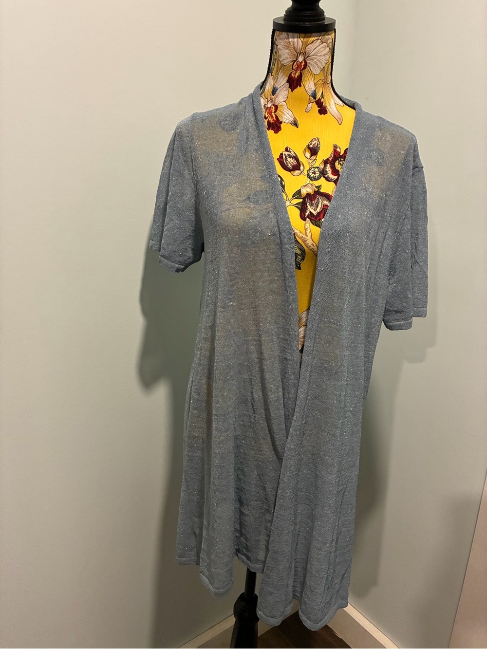 Eileen Fisher Organic Linen Blend Sheer Crepe Shimmer Blue Open Cardigan Sz XL
